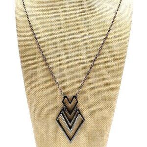 Geometric Gunmetal Chevron Necklace Triple V Pendant with Crystal Accents